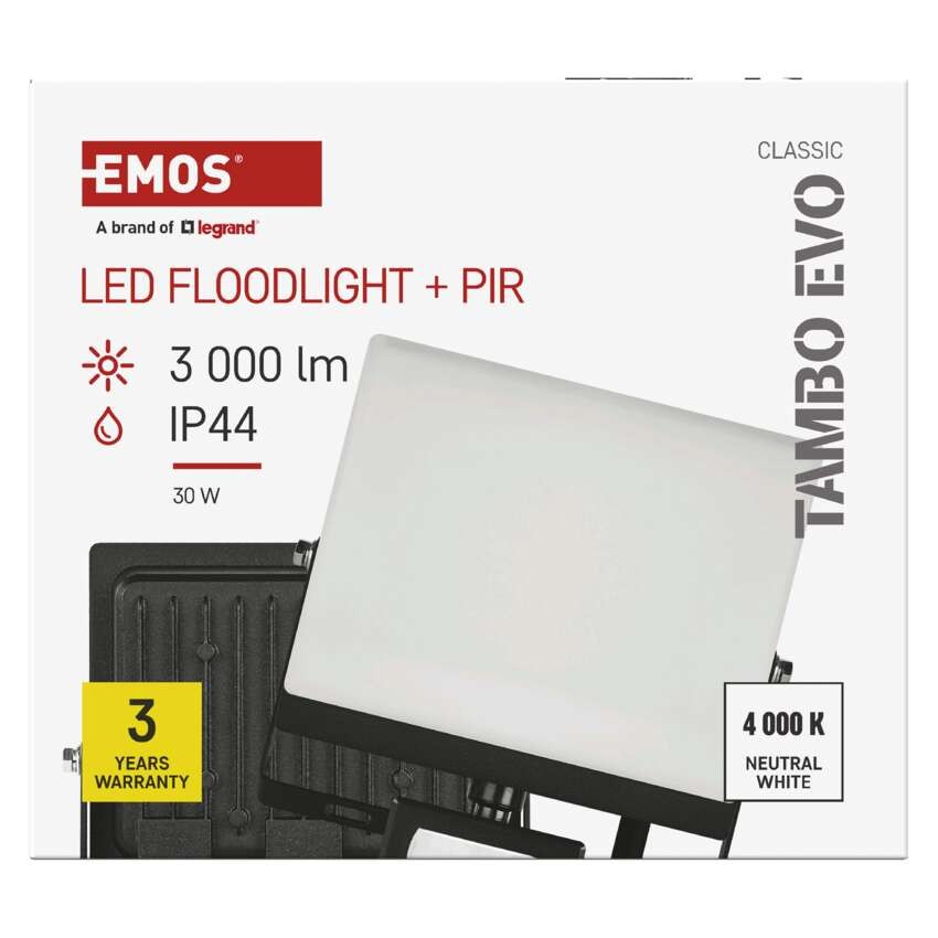 LED reflektor TAMBO EVO se senzorem pohybu, 30 W, 3000 lm, IP65, černý