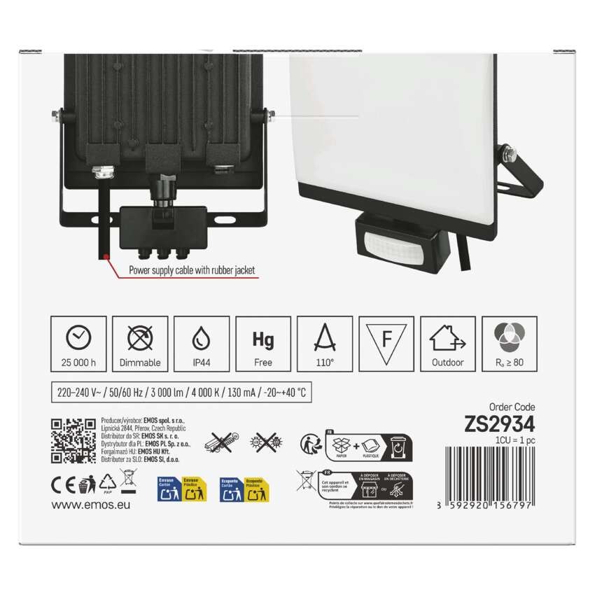 LED reflektor TAMBO EVO se senzorem pohybu, 30 W, 3000 lm, IP65, černý