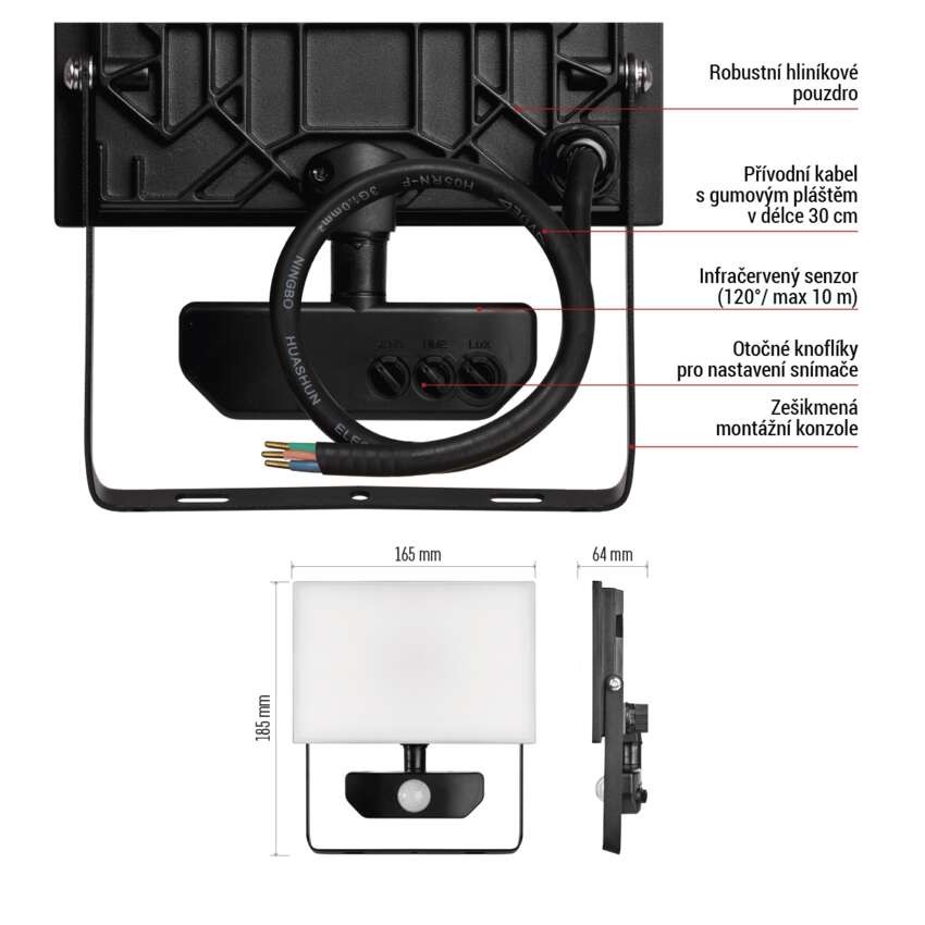 LED reflektor TAMBO se senzorem pohybu, 30 W, 3000 lm, černý