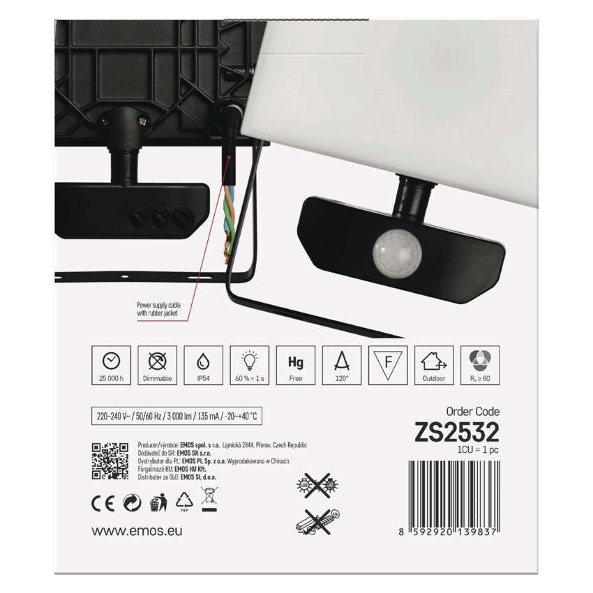 LED reflektor TAMBO se senzorem pohybu, 30 W, 3000 lm, černý