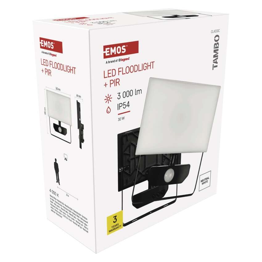 LED reflektor TAMBO se senzorem pohybu, 30 W, 3000 lm, černý