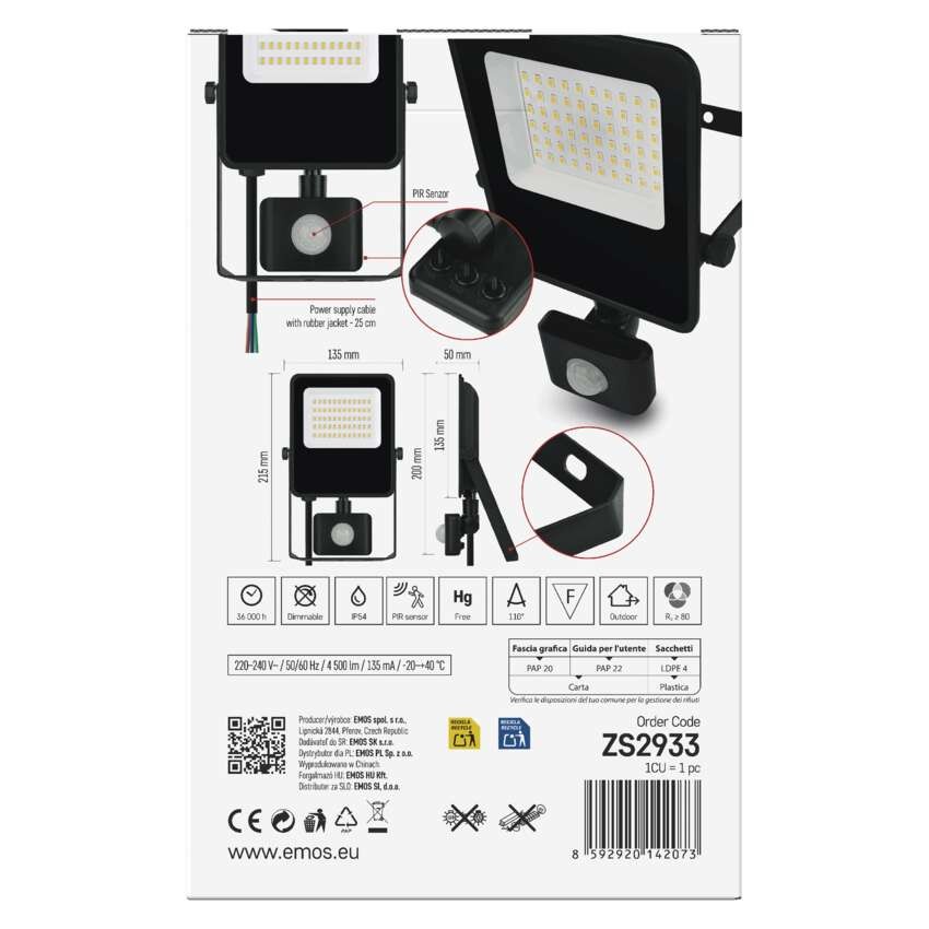 LED reflektor VISIO s pohybovým čidlem, 30 W, černý, neutrální bílá