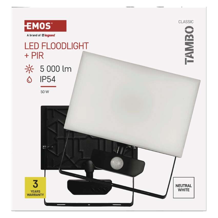 LED reflektor TAMBO se senzorem pohybu, 50 W, 5000 lm, černý
