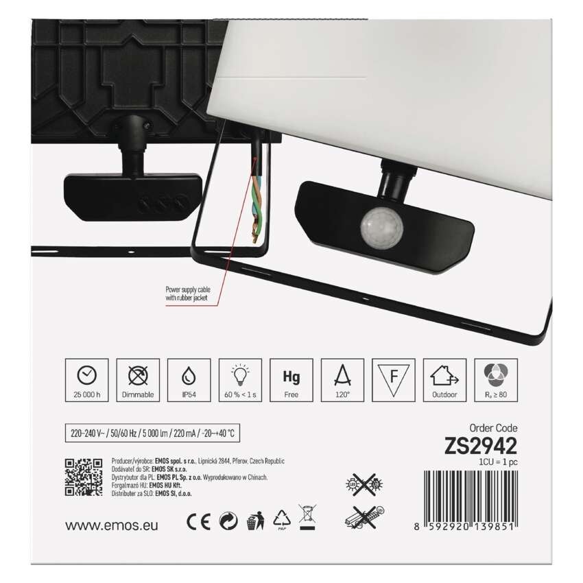 LED reflektor TAMBO se senzorem pohybu, 50 W, 5000 lm, černý