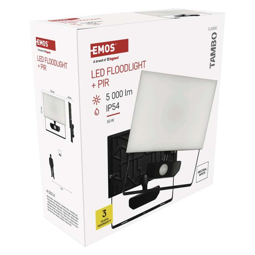 LED reflektor TAMBO se senzorem pohybu, 50 W, 5000 lm, černý