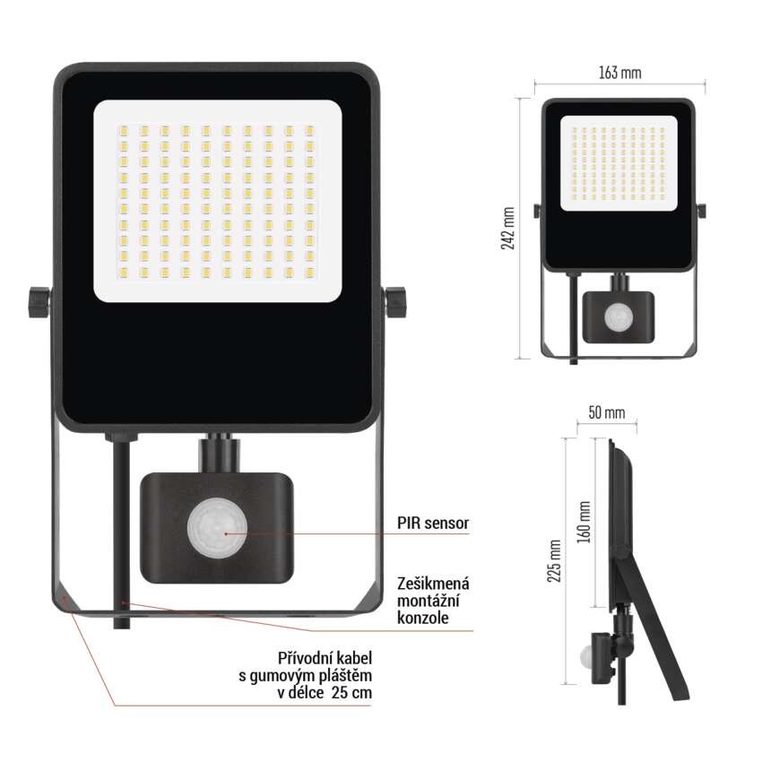 LED reflektor VISIO s pohybovým čidlem, 50 W, černý, neutrální bílá
