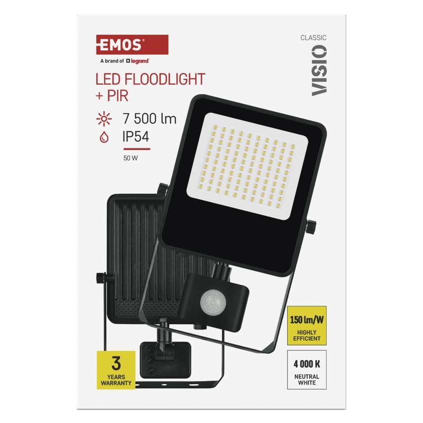 LED reflektor VISIO s pohybovým čidlem, 50 W, černý, neutrální bílá