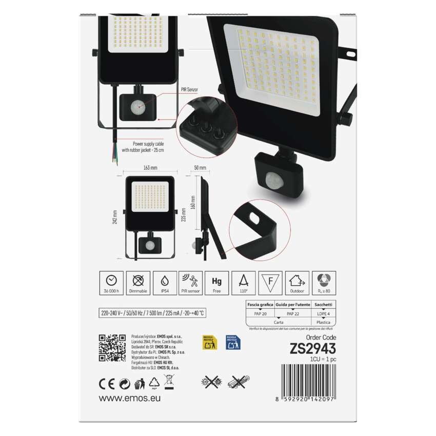 LED reflektor VISIO s pohybovým čidlem, 50 W, černý, neutrální bílá