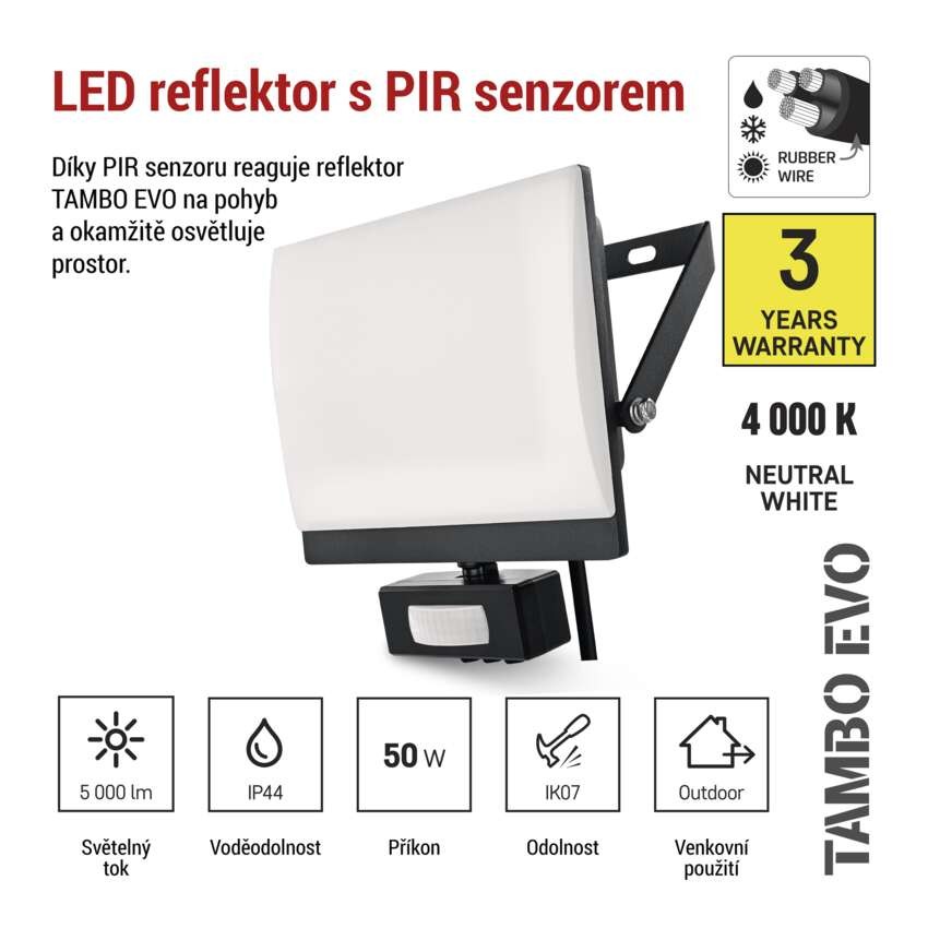 LED reflektor TAMBO EVO se senzorem pohybu, 50 W, 5000 lm, IP65, černý