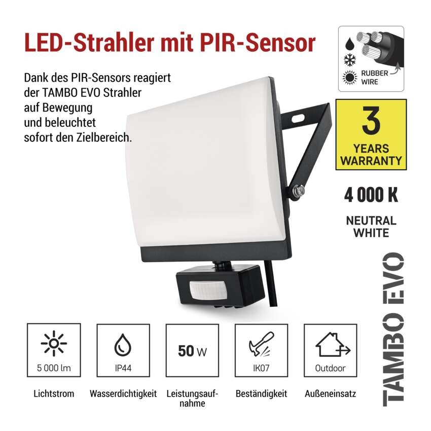 LED-Fluter TAMBO EVO mit Bewegungssensor, 50 W, 5000 lm, IP65, schwarz