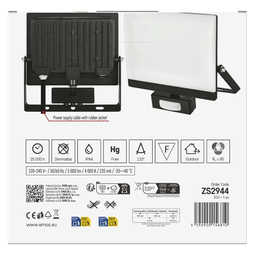 LED reflektor TAMBO EVO se senzorem pohybu, 50 W, 5000 lm, IP65, černý