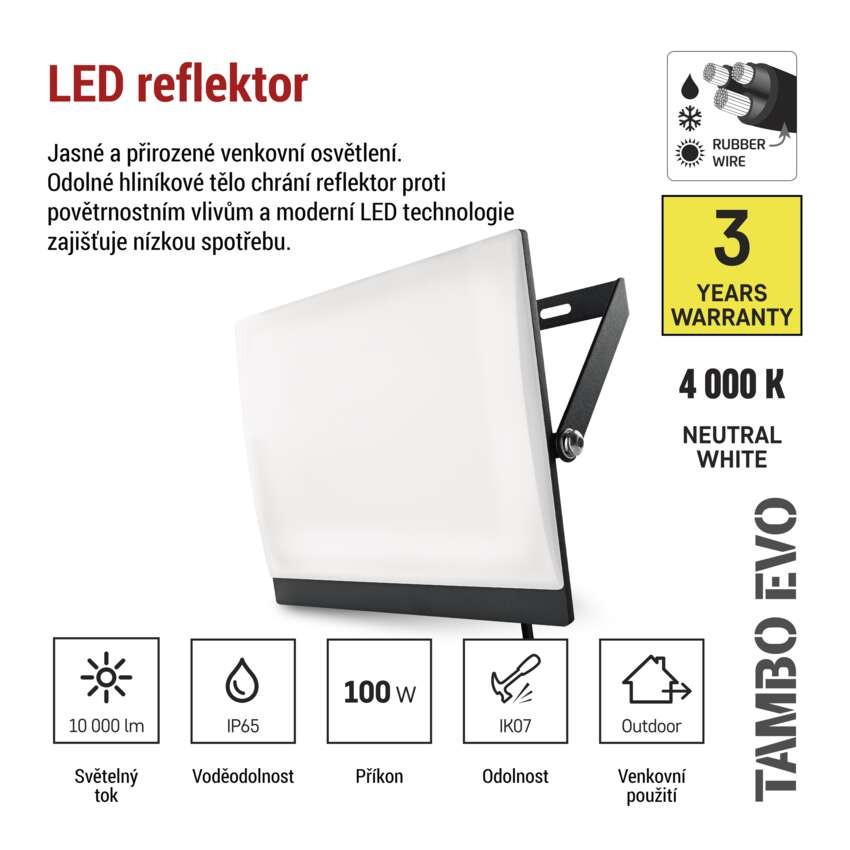 LED reflektor TAMBO EVO, 100 W, 10 000 lm, IP65, černý