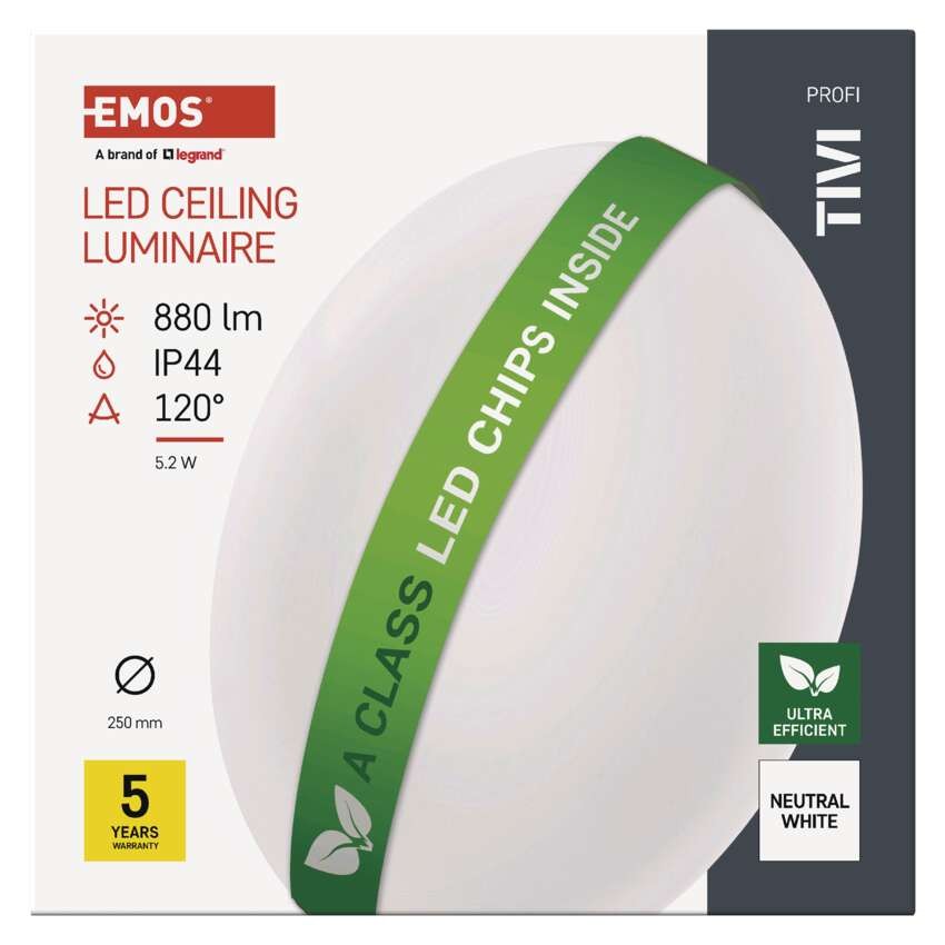 LED přisazené svítidlo TIVI, A CLASS, kruhové bílé 5,5W, IP44, neutrální bílá