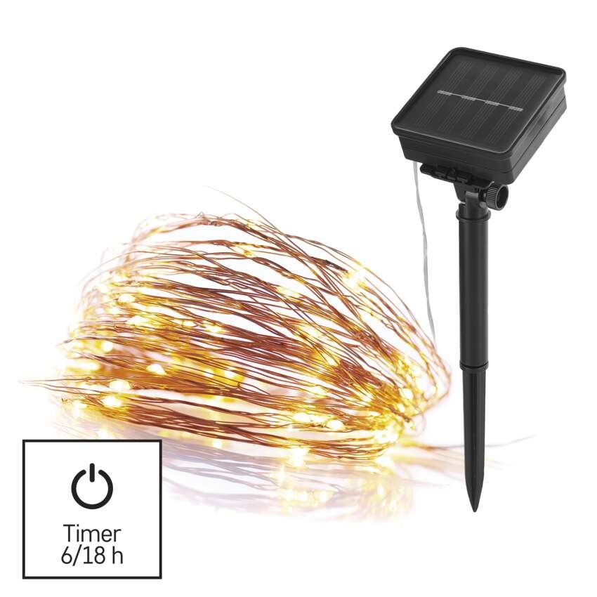 LED-Nanokette mit Solarpanel, kupferfarben, 12 m, Außen und Innen, warm-weiß, Timer