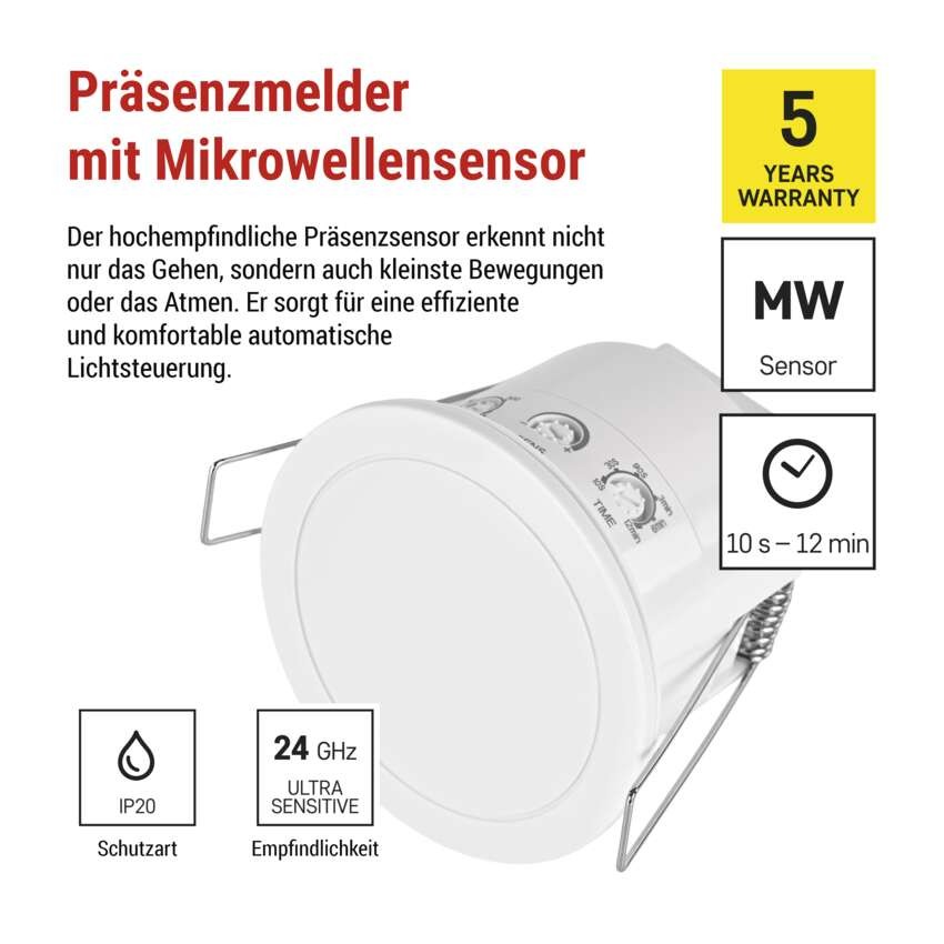 Mikrowellen-Präsenzmelder IP20 24GHZ 2000W, weiss