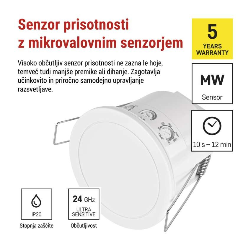 Mikovalovni senzor prisotnosti IP20 24GHZ 2000W, bel