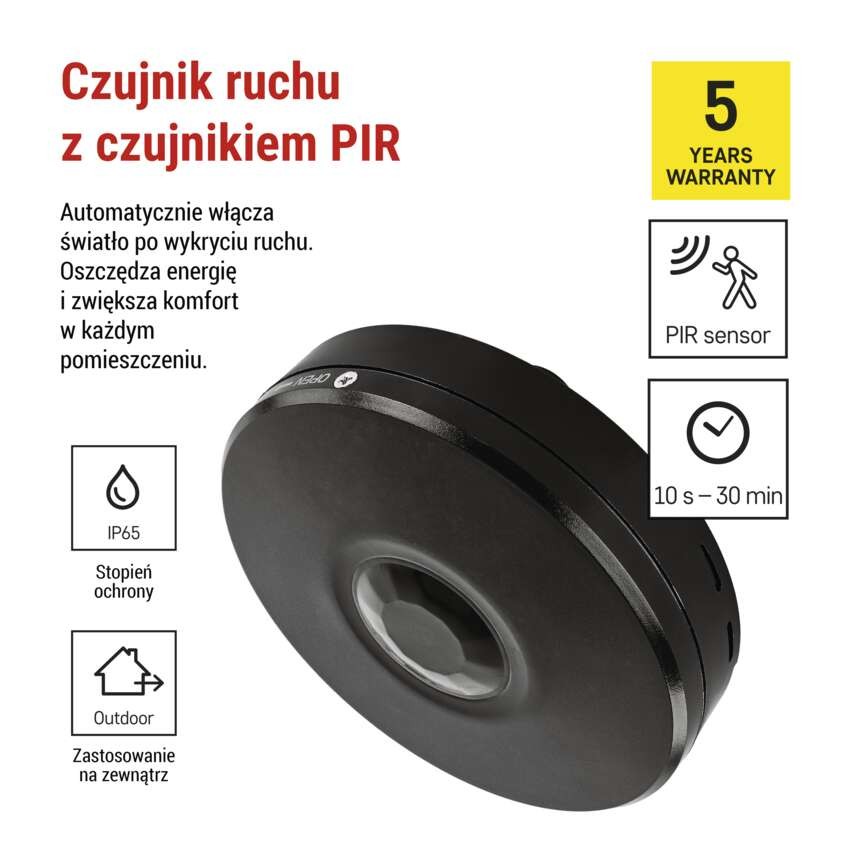Czujnik ruchu PIR IP65 2000W, czarny