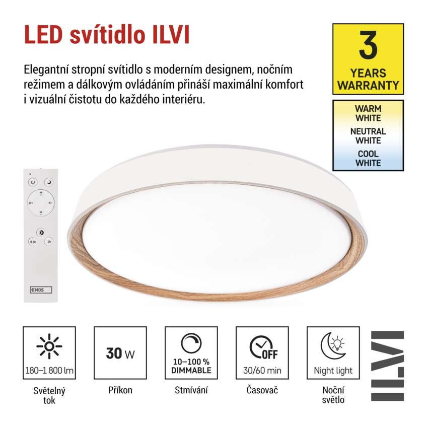 LED přisazené svítidlo ILVI, kruhové 30W, stmív. se změnou CCT, bílá+dřevo