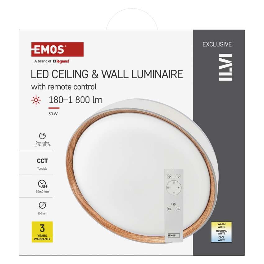 LED přisazené svítidlo ILVI, kruhové 30W, stmív. se změnou CCT, bílá+dřevo