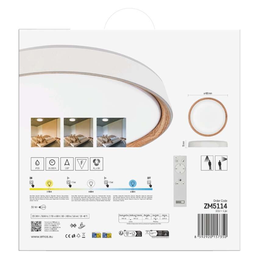 LED přisazené svítidlo ILVI, kruhové 30W, stmív. se změnou CCT, bílá+dřevo
