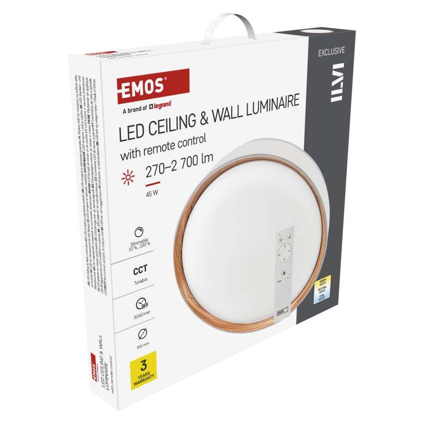 LED přisazené svítidlo ILVI, kruhové 45W, stmív. se změnou CCT, bílá+dřevo