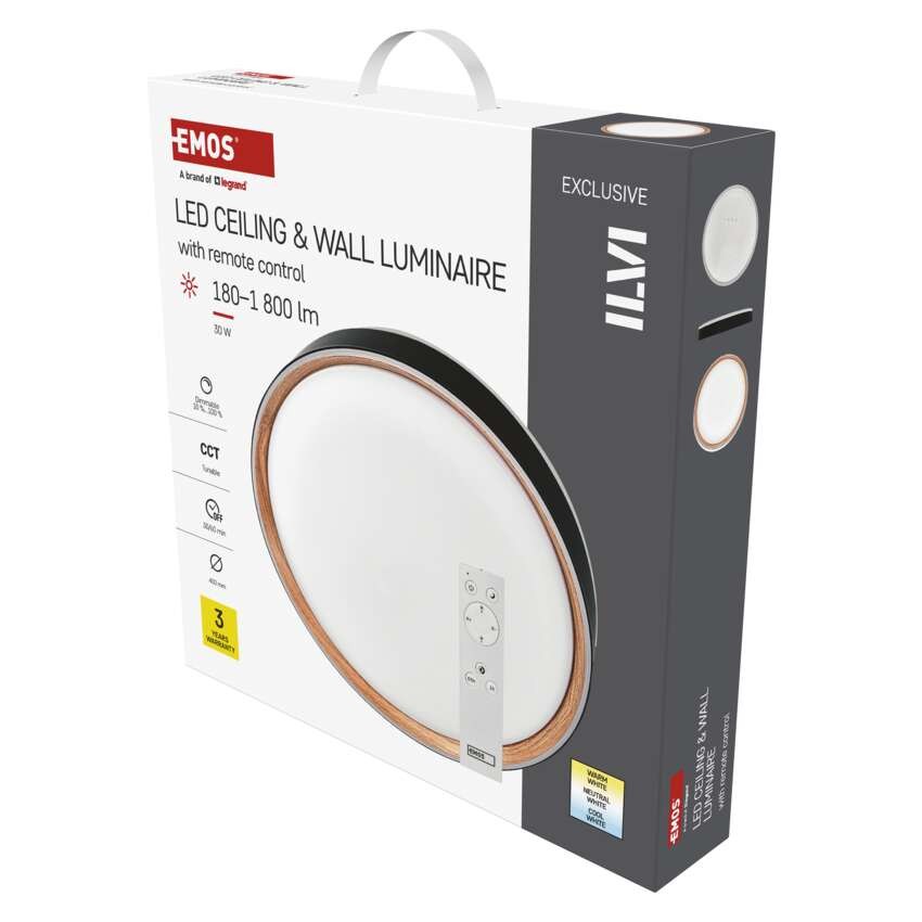 LED přisazené svítidlo ILVI, kruhové 30W, stmívání+CCT, černá+dřevo