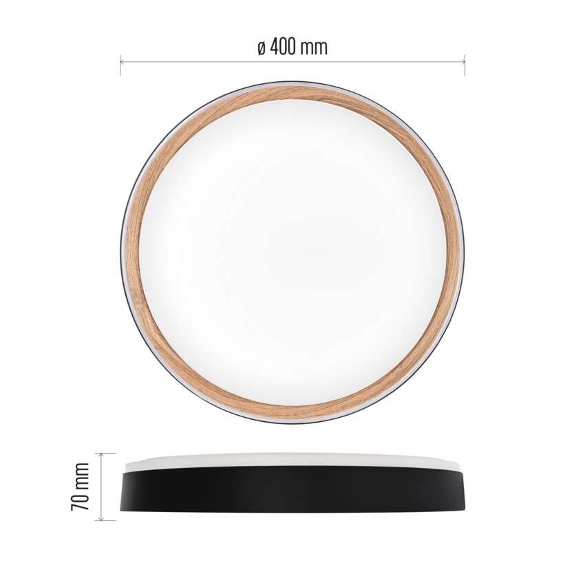 LED přisazené svítidlo ILVI, kruhové 30W, stmívání+CCT, černá+dřevo