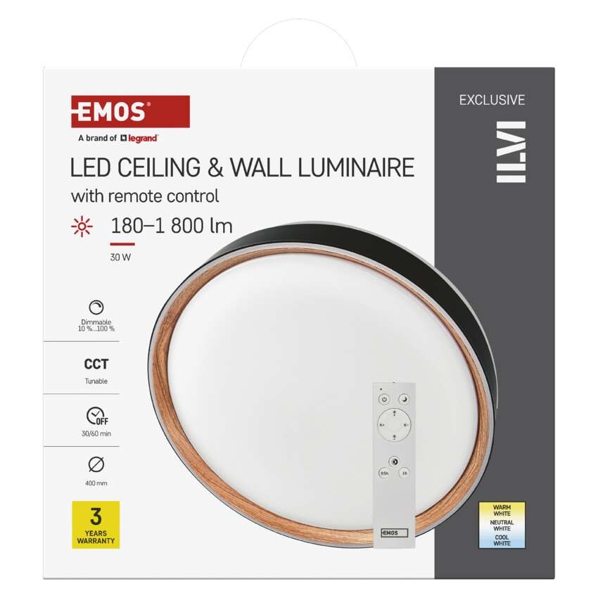 LED přisazené svítidlo ILVI, kruhové 30W, stmívání+CCT, černá+dřevo