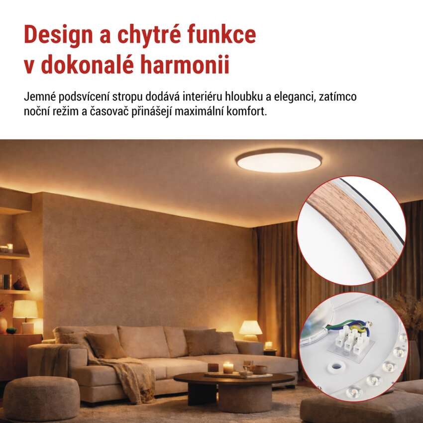 LED přisazené svítidlo ILVI, kruhové 45W, stmívání+CCT, černá+dřevo