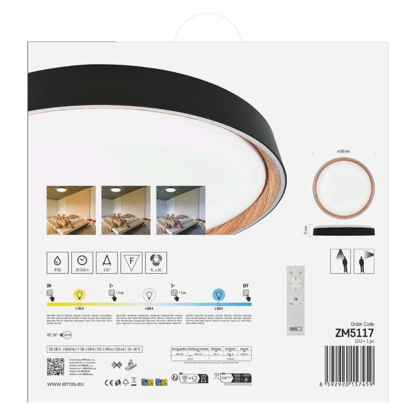 LED přisazené svítidlo ILVI, kruhové 45W, stmívání+CCT, černá+dřevo