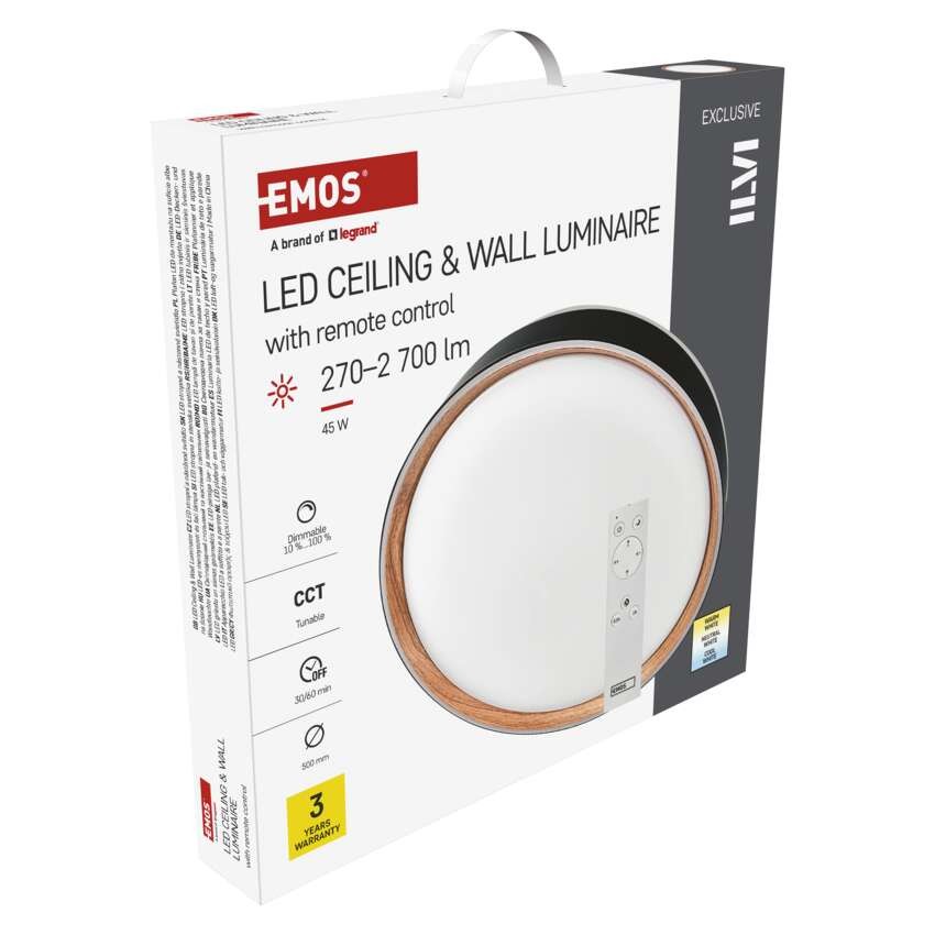 LED přisazené svítidlo ILVI, kruhové 45W, stmívání+CCT, černá+dřevo