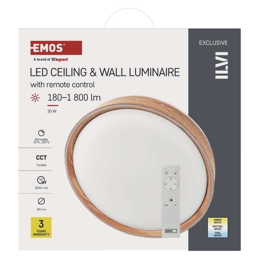 LED přisazené svítidlo ILVI, kruhové 30W, stmívání+CCT, dřevo