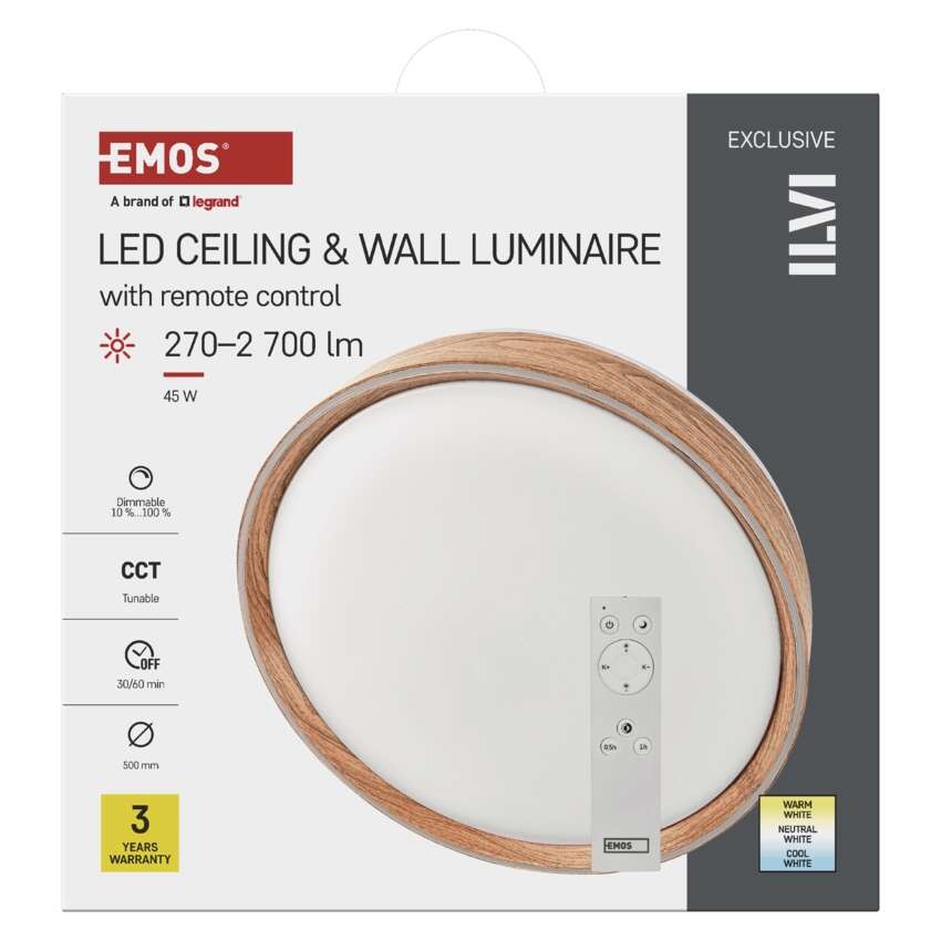 LED přisazené svítidlo ILVI, kruhové 45W, stmívání+CCT, dřevo