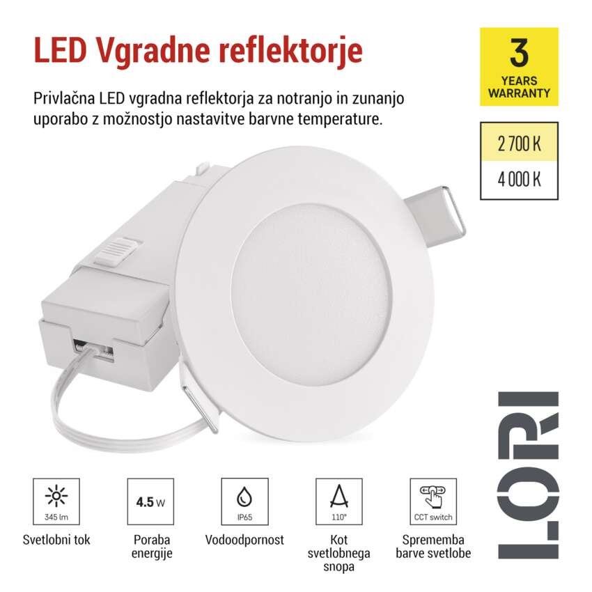 LED reflektor LORI bele barve, okrogel, 4,5W CCT