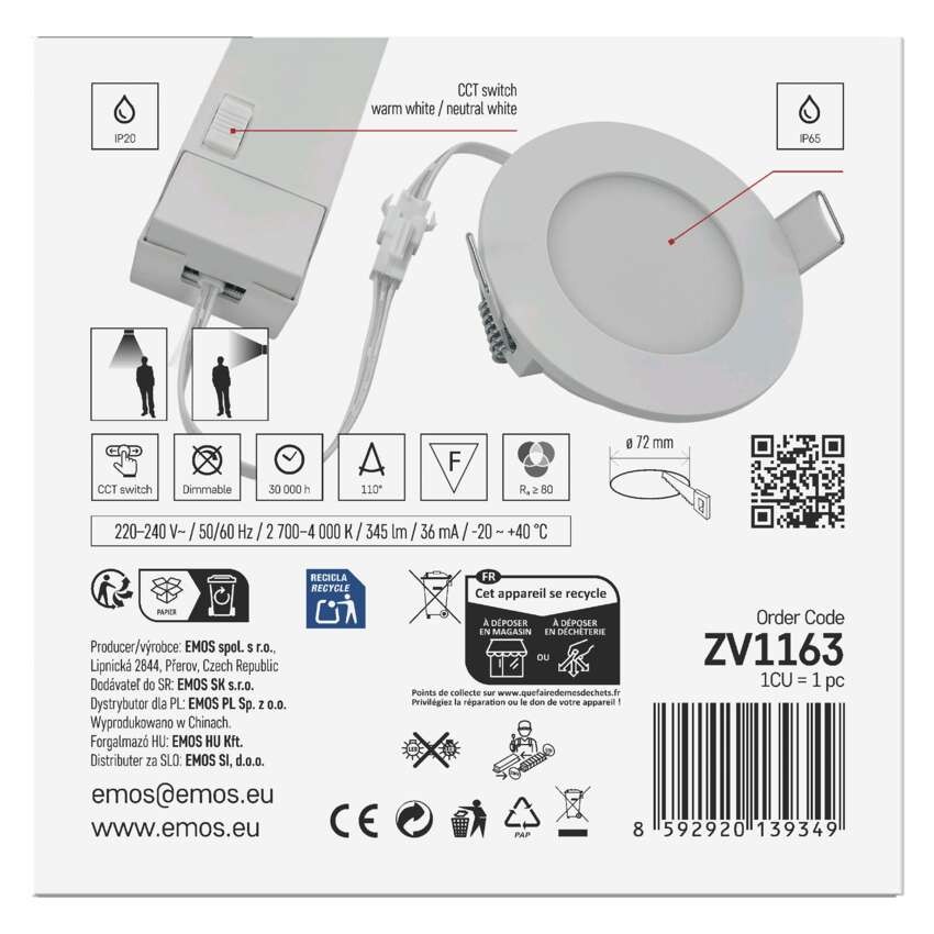 LED reflektor LORI bele barve, okrogel, 4,5W CCT