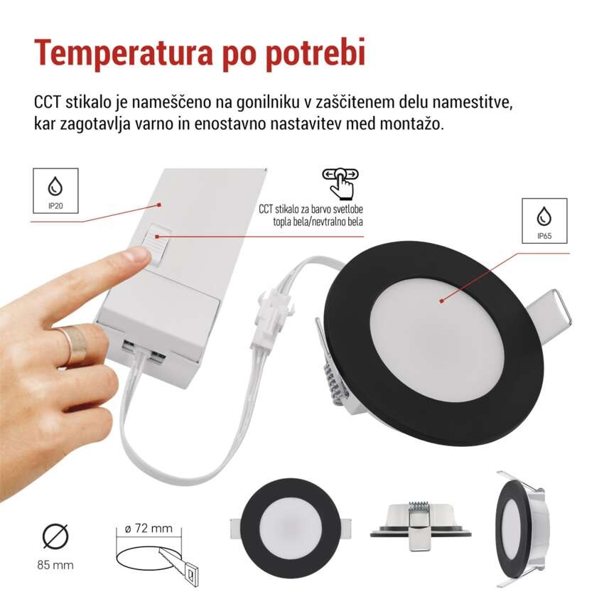 LED reflektor LORI črne barve, okrogel, 4,5W CCT