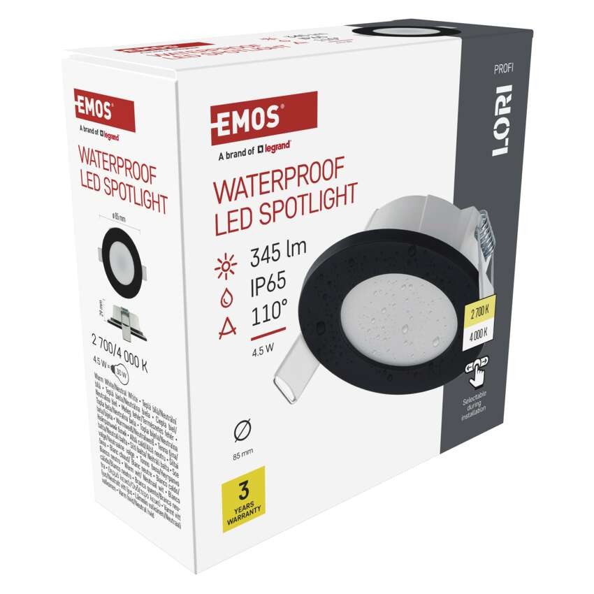 LED reflektor LORI črne barve, okrogel, 4,5W CCT