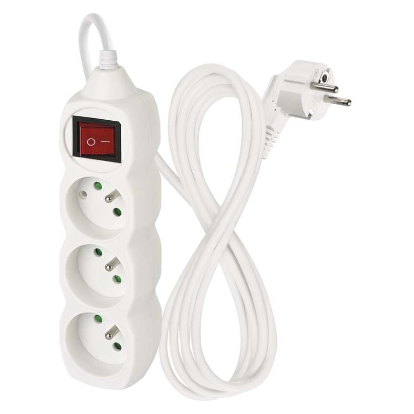 Prodlužovací kabel 2 m / 3 zásuvky / s vypínačem / bílý / PVC / 1 mm2