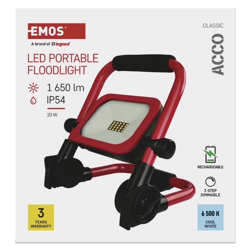 LED prožektorius ACCO įkraunamas, nešiojamas, 20 W, šaltai baltas