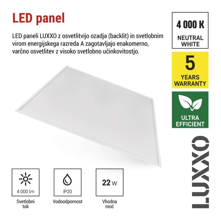 LED panel LUXXO 60 x 60 cm / 32 mm, 22 W, 4 000 lm, vgradni, nevtralno bela, IP21