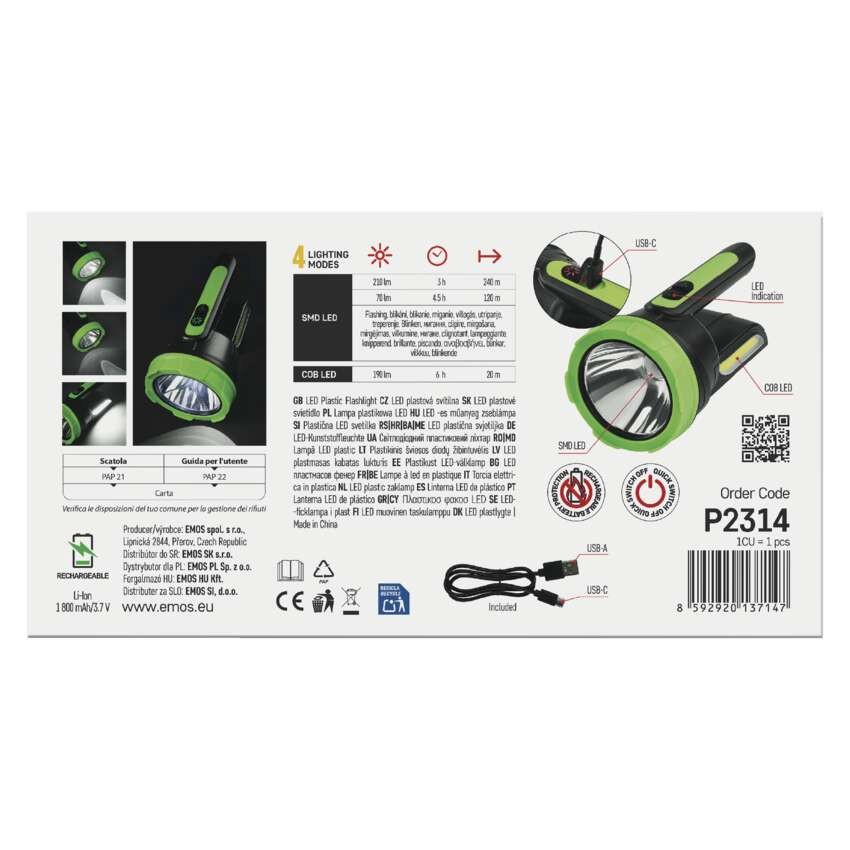 LED nabíjecí svítilna, 210 lm, 1 800 mAh