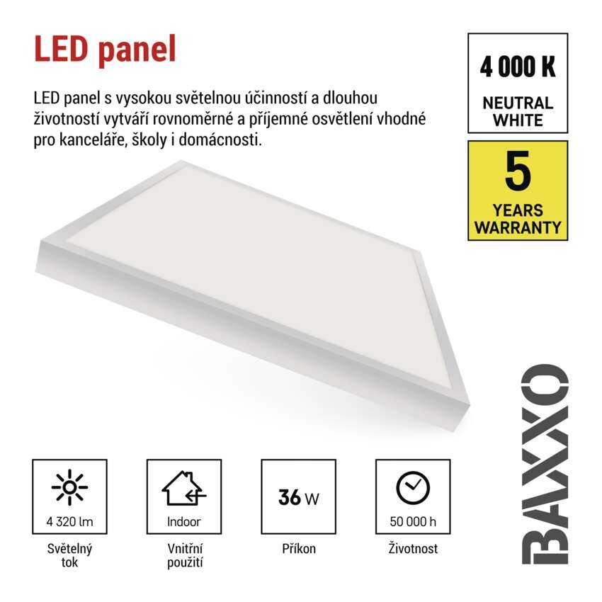 LED panel BAXXO 60 x 60 cm / 50 mm, 36 W, 4 320 lm, přisazený, neutrální bílá, IP21