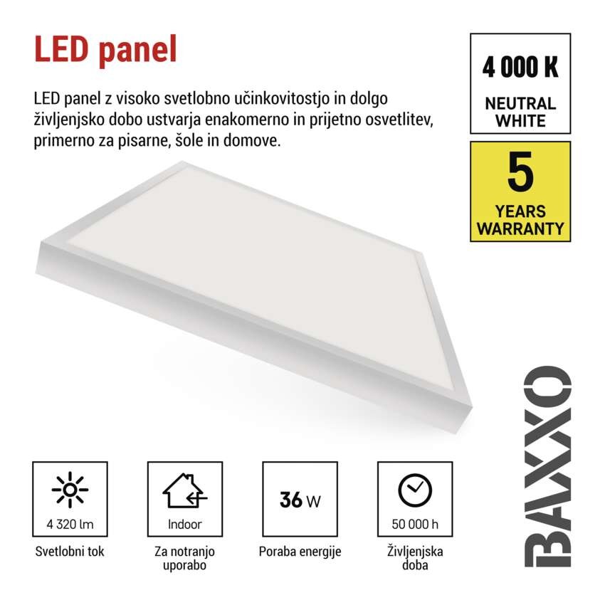 LED panel BAXXO 60 x 60 cm / 50 mm, 36 W, 4 320 lm, nadgradni, nevtralno bela, IP21