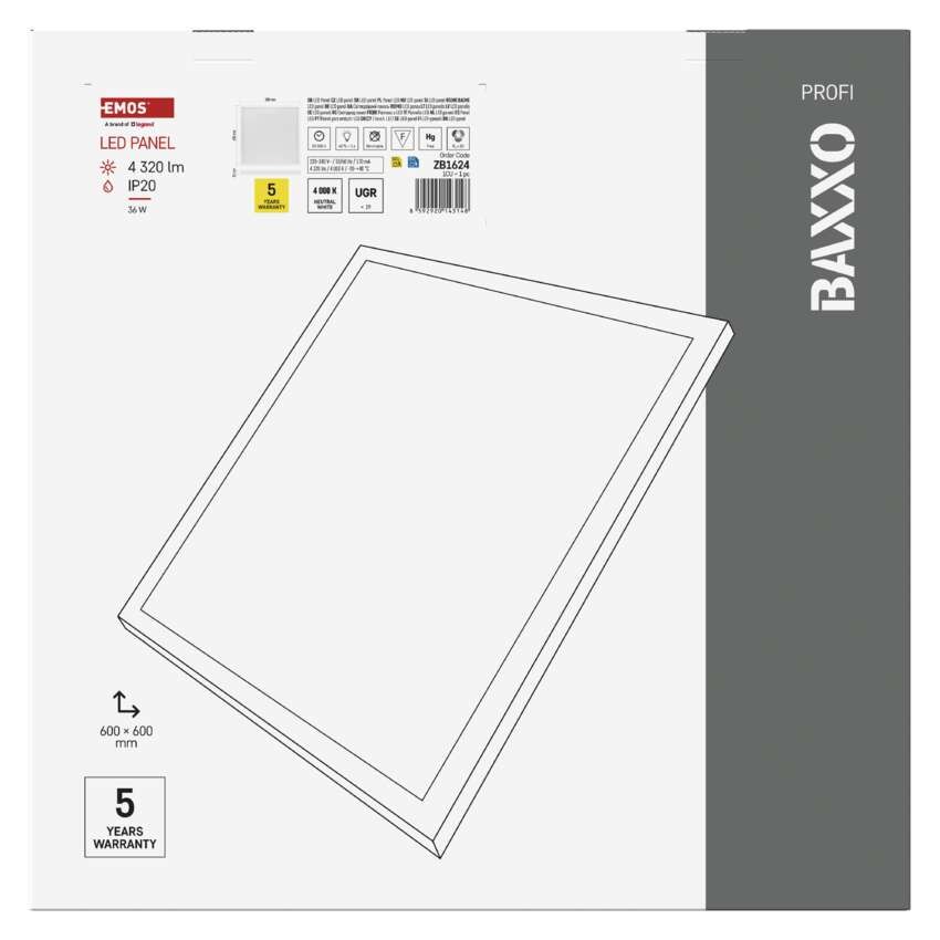 LED panel BAXXO 60 x 60 cm / 50 mm, 36 W, 4 320 lm, nadgradni, nevtralno bela, IP21