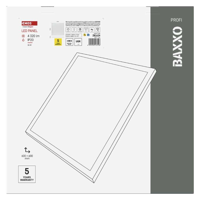 LED panel BAXXO 60 x 60 cm / 50 mm, 36 W, 4 320 lm, nadgradni, nevtr. bela, UGR<19, IP21