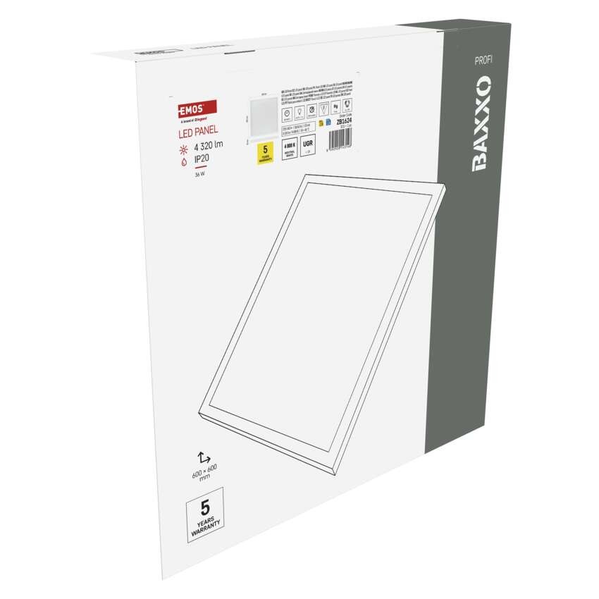 LED panel BAXXO 60 x 60 cm / 50 mm, 36 W, 4 320 lm, nadgradni, nevtr. bela, UGR<19, IP21