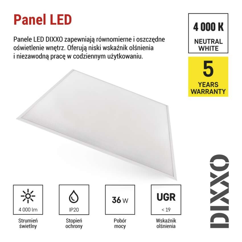 Panel LED DIXXO 60×60 36W IP20 neutralna biel UGR