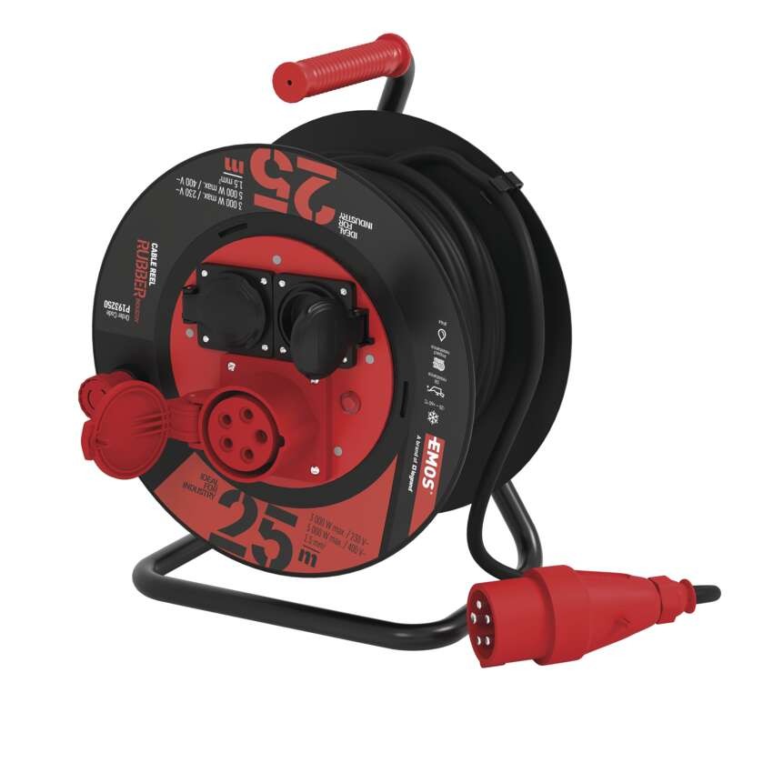 Venkovní prodlužovací kabel na bubnu 25 m / 3 zásuvky / černý / guma / 230V/400V / 1,5 mm2