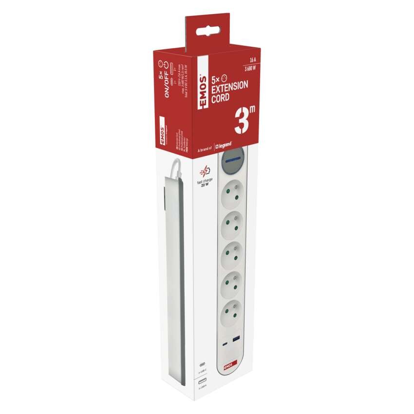 Prodlužovací kabel 3 m / 5 zásuvky / s vypínačem / bílo-šedý / 1×USB-A + 1×USB-C / 1,5 mm2