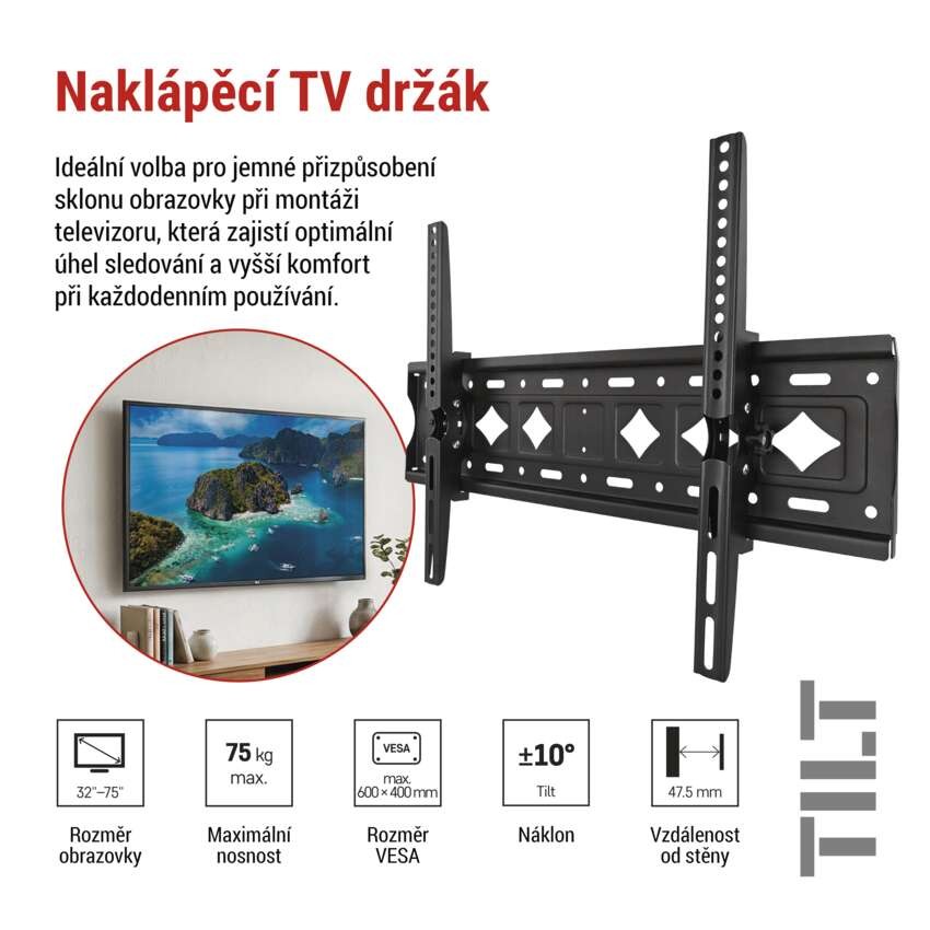 Naklápěcí nástěnný TV držák 32–75" (81–191 cm)